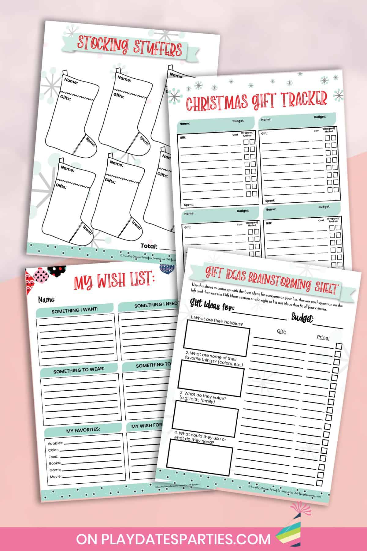 Printable Christmas gift tracker, wish lists, stocking stuffer tracker and brainstorming sheet.