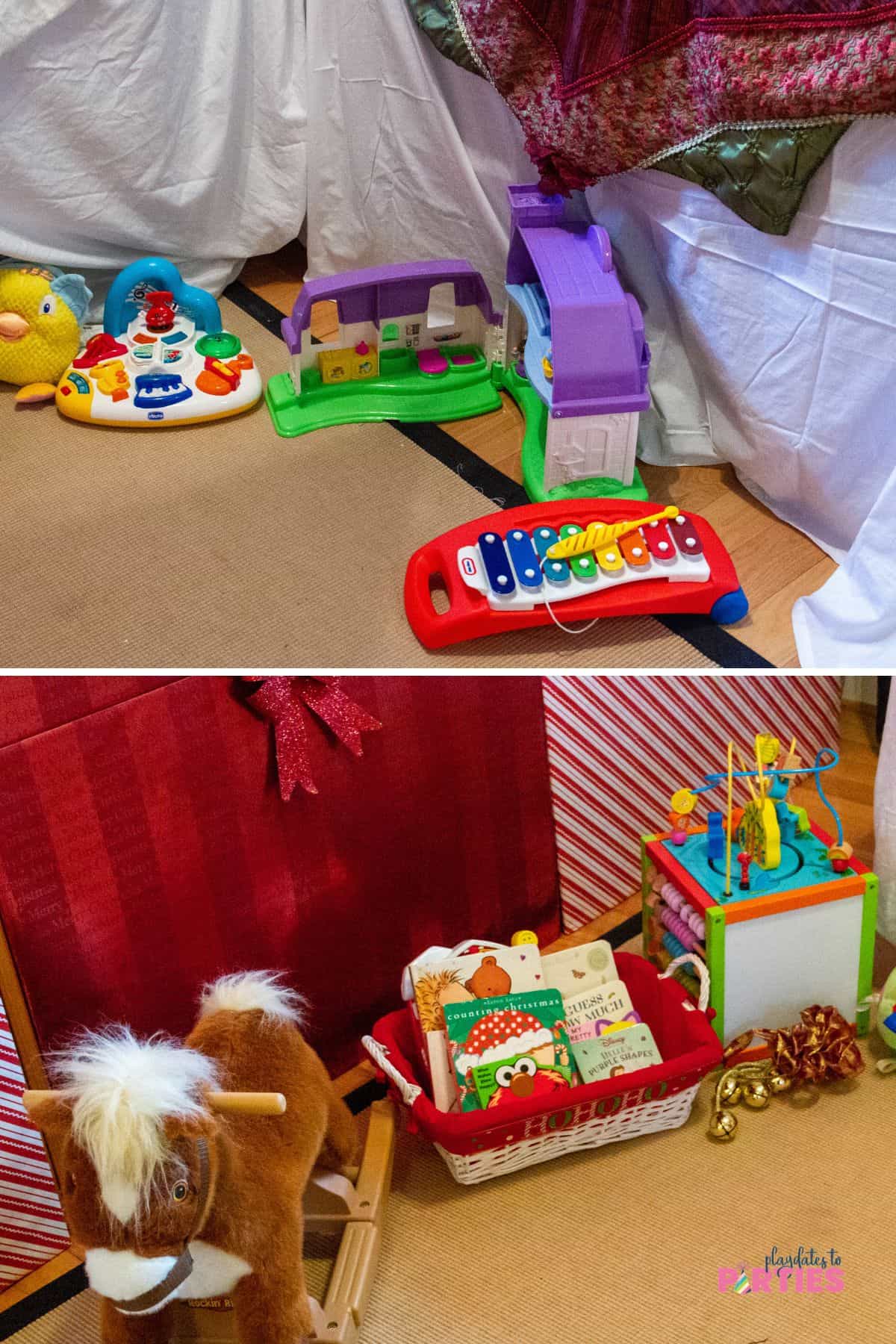 Toys set up for a Christmas party for toddlers.