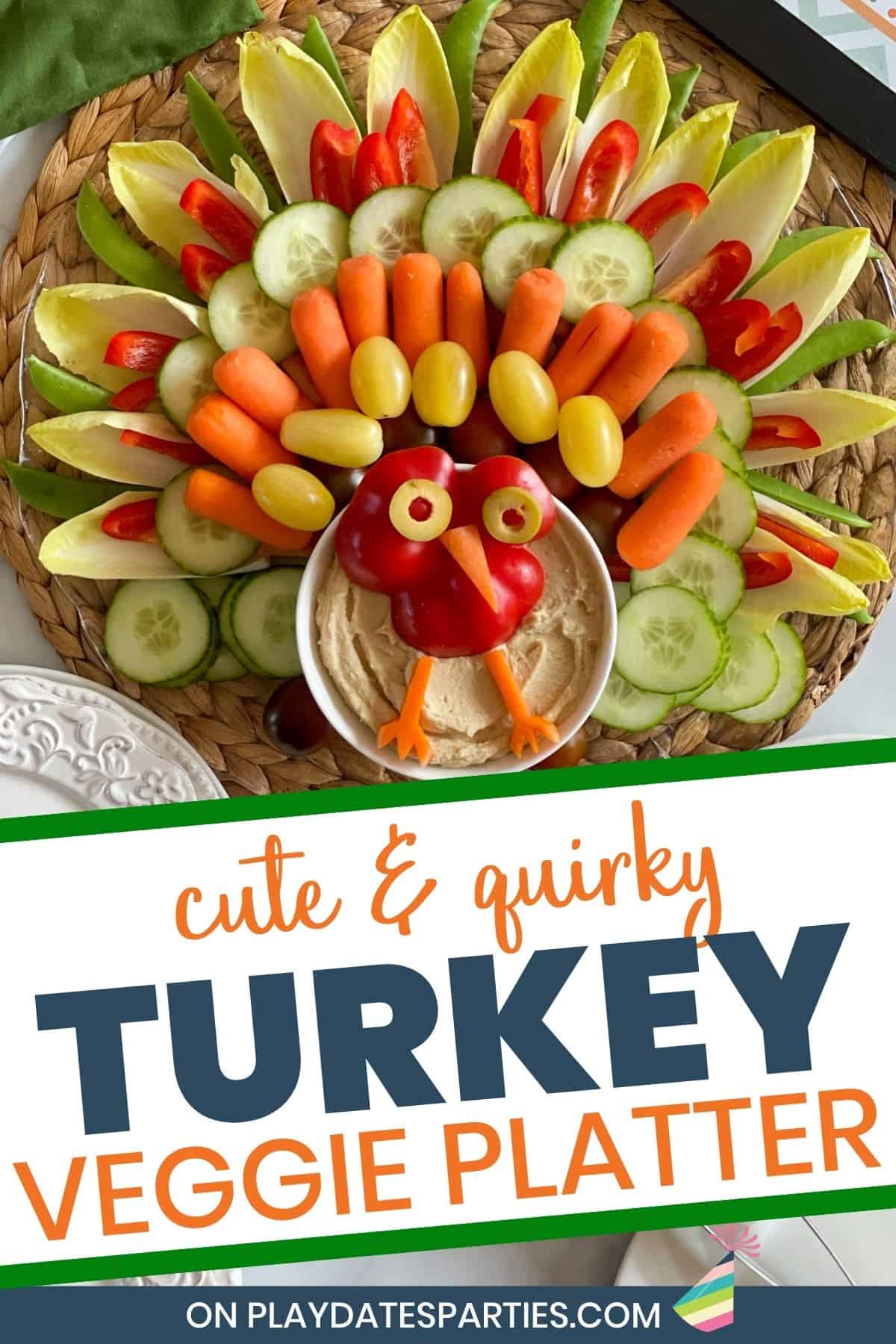 A clear platter with a cute and quirky turkey veggie platter.