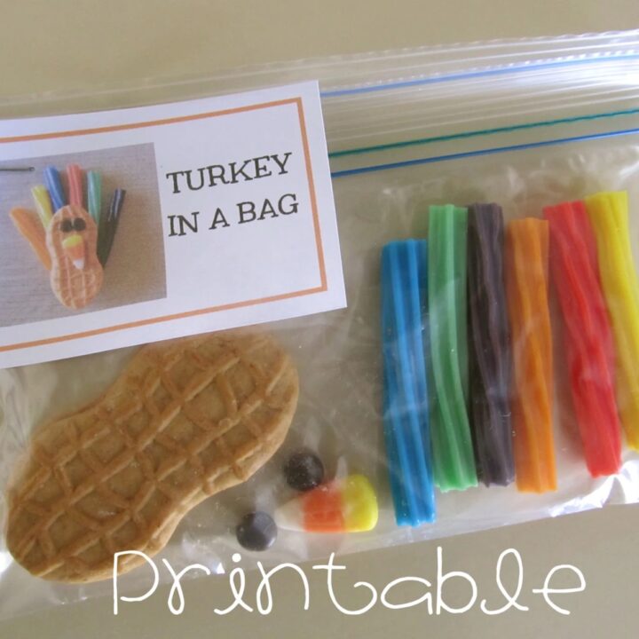 Candy in a zip top bag with a printable tag that says turkey in a bag as a Thanksgiving kids favor.