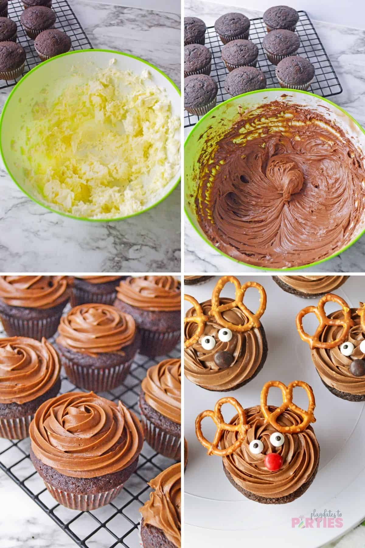 Making chocolate frosting and decorating chocolate cupcakes.