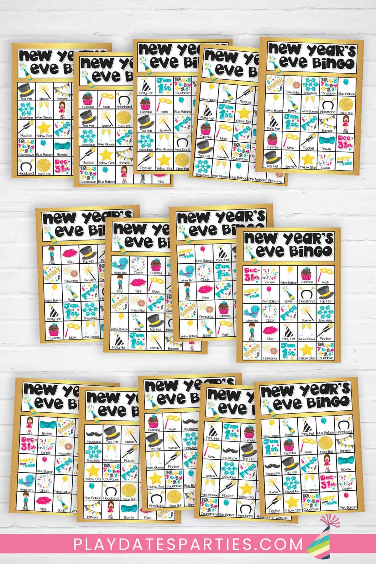 14 colorful New Year's Eve bingo cards against a white brick backgrop.