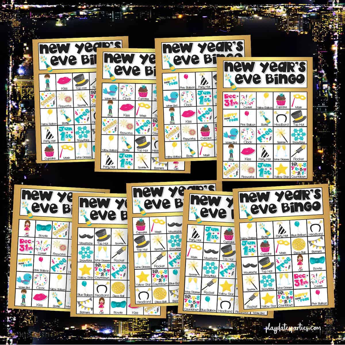 9 bingo cards with a gold border and brightly colored graphics.