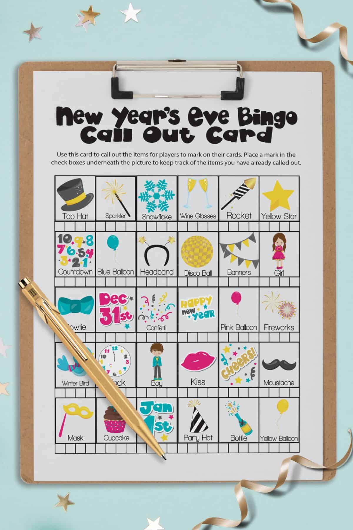 A clipboard with a Bingo call out card for New Year's Eve.