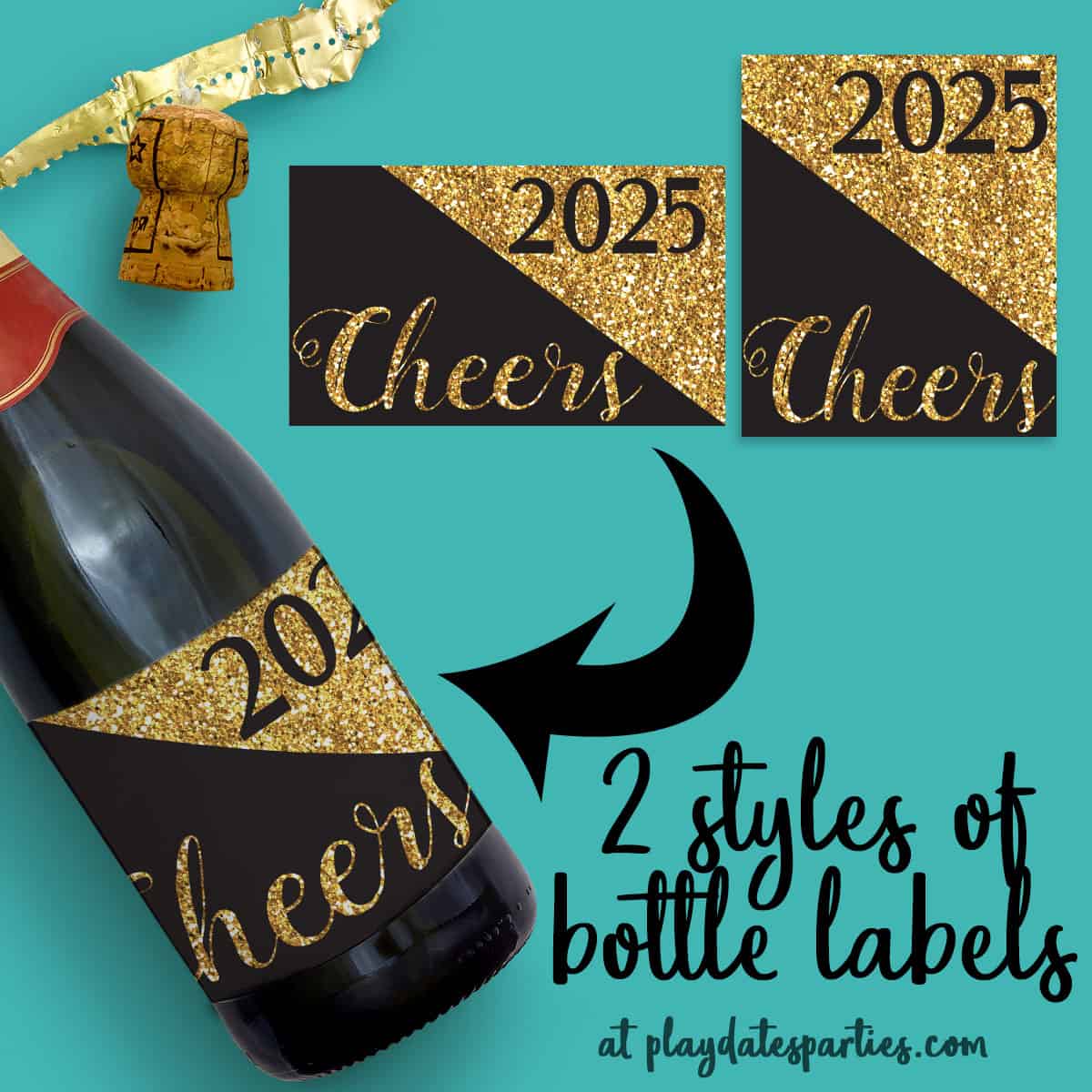 A wine bottle with a black and gold glitter motif that says Cheers 2023.