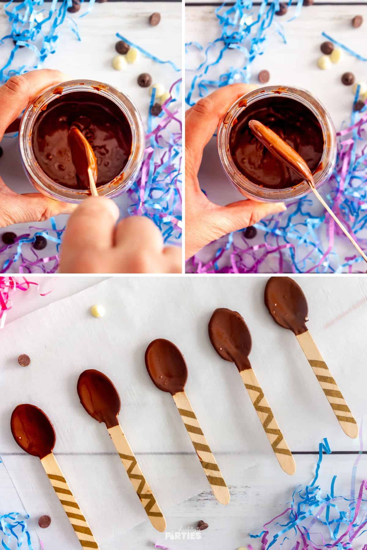 Using a mason jar to make chocolate dipped spoons.