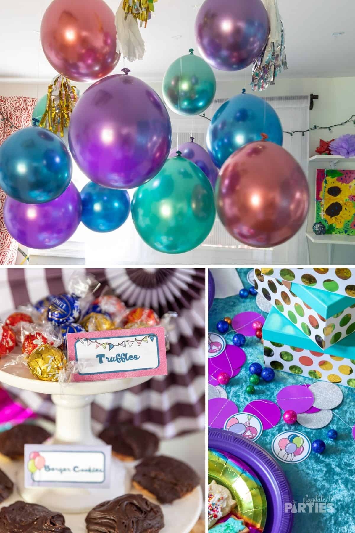 Collage of party decorations with a blue, purple, and pink color theme.