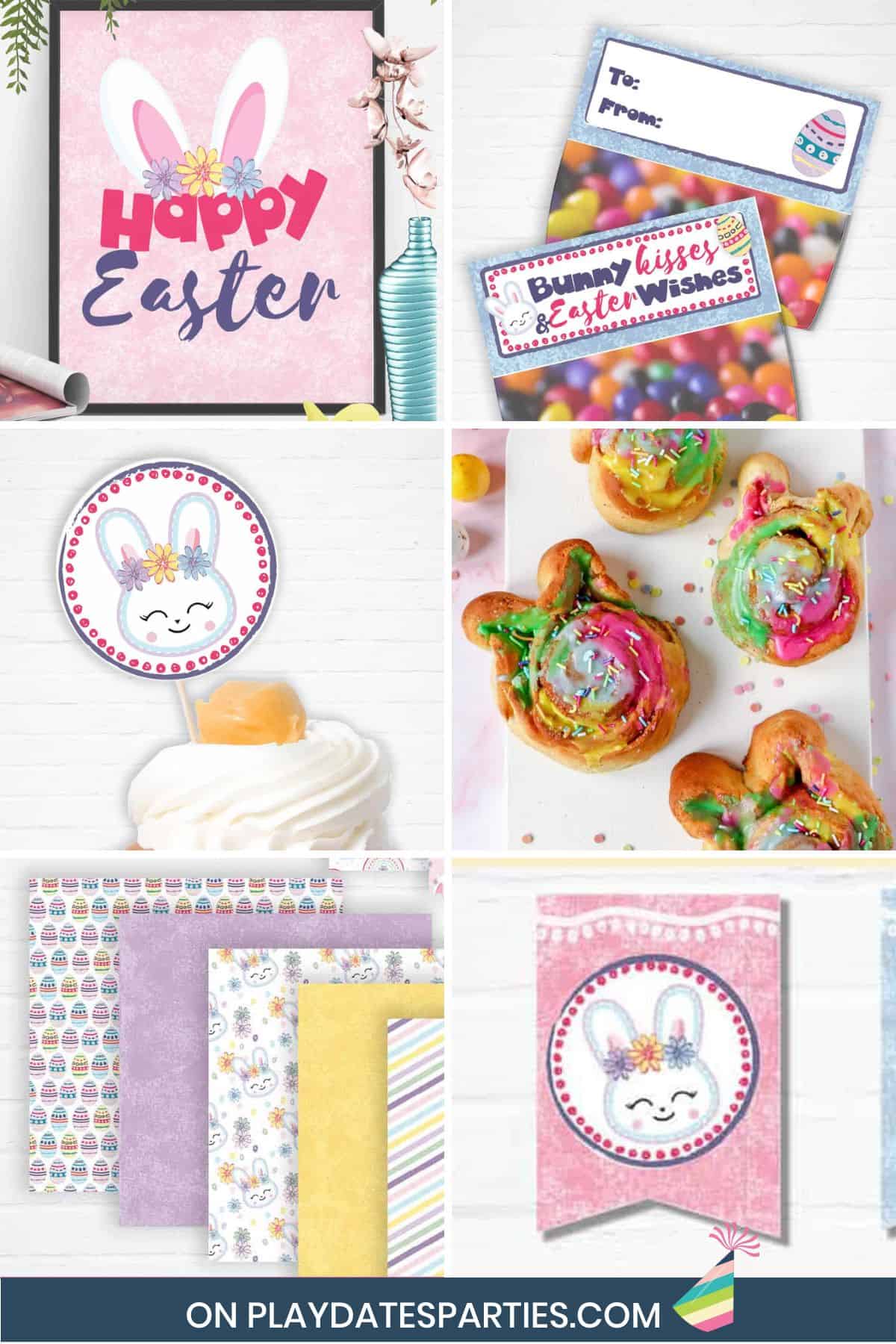 Collage of bunny party ideas, including printables, favors, signs, and food.