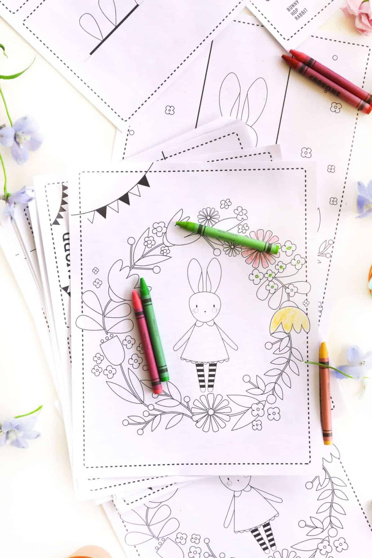 Bunny themed coloring pages.