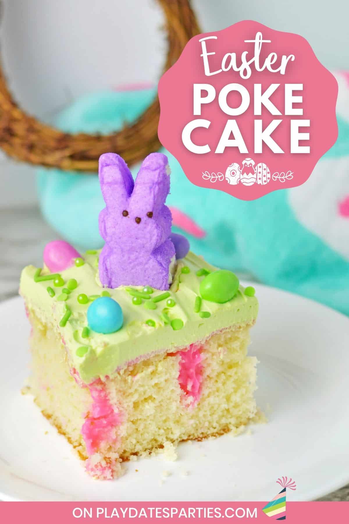 A slice of colorful Easter poke cake with peeps, green sprinkles, and M&Ms.