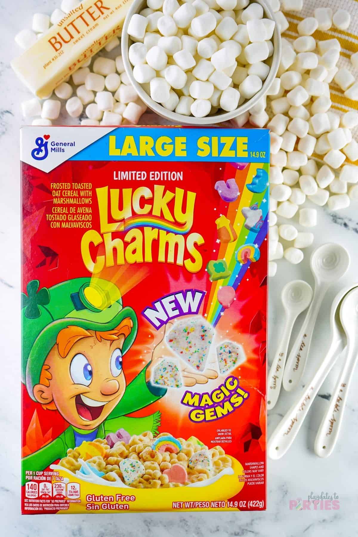 Ingredients include Lucky charms cereal, marshmallows, and butter.
