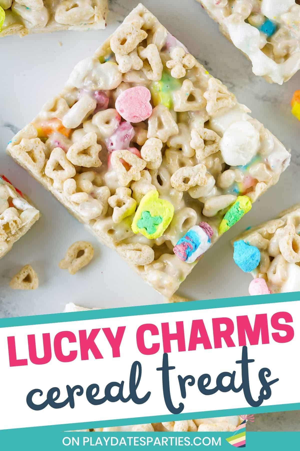 Close up of a Lucky charms treat on a marble surface.