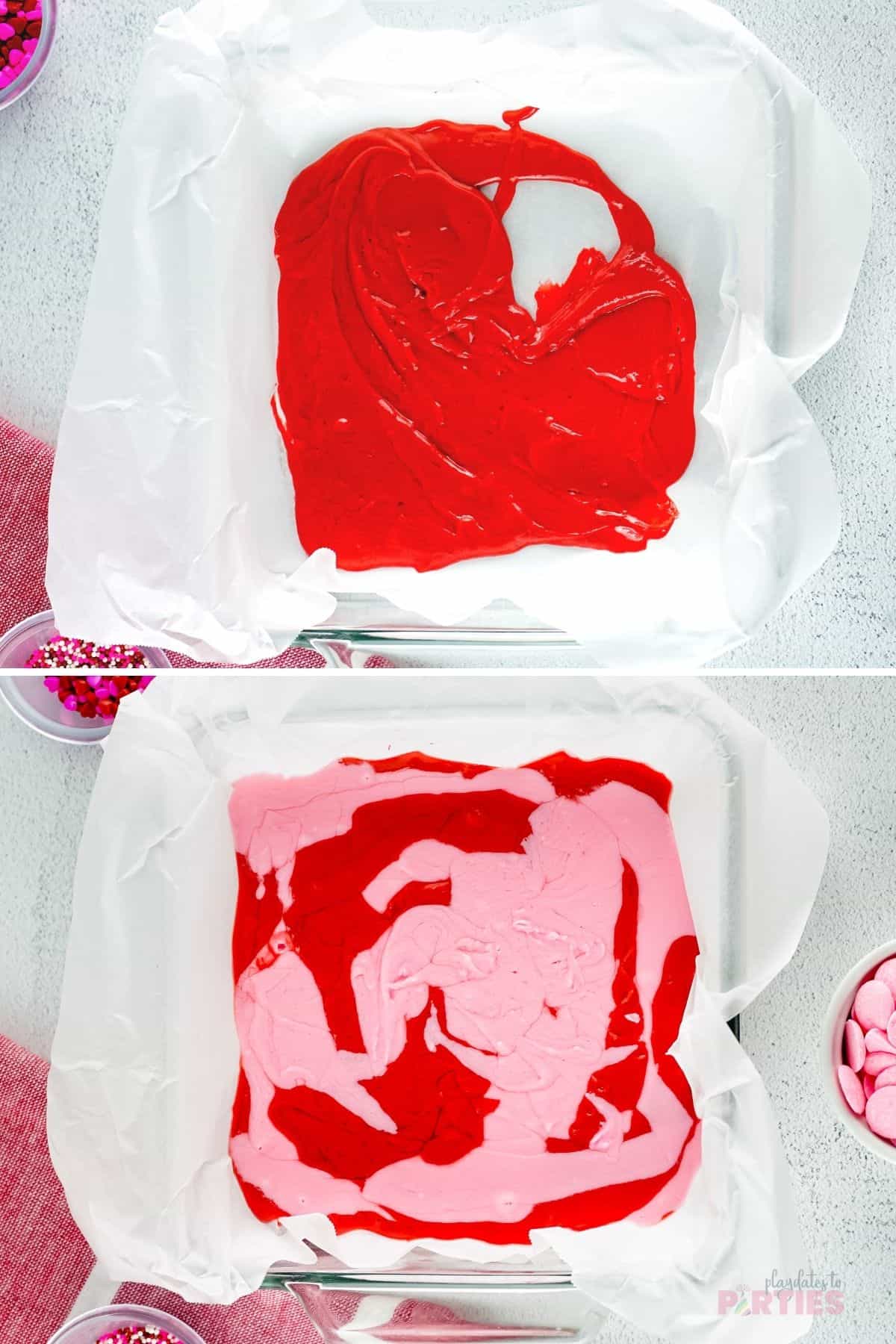 Making layered fudge with candy melts.