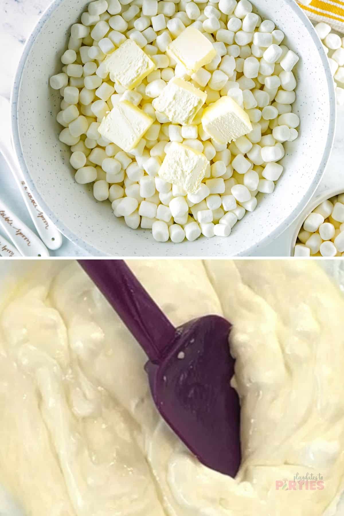 Melting marshmallows and butter to make cereal treats.