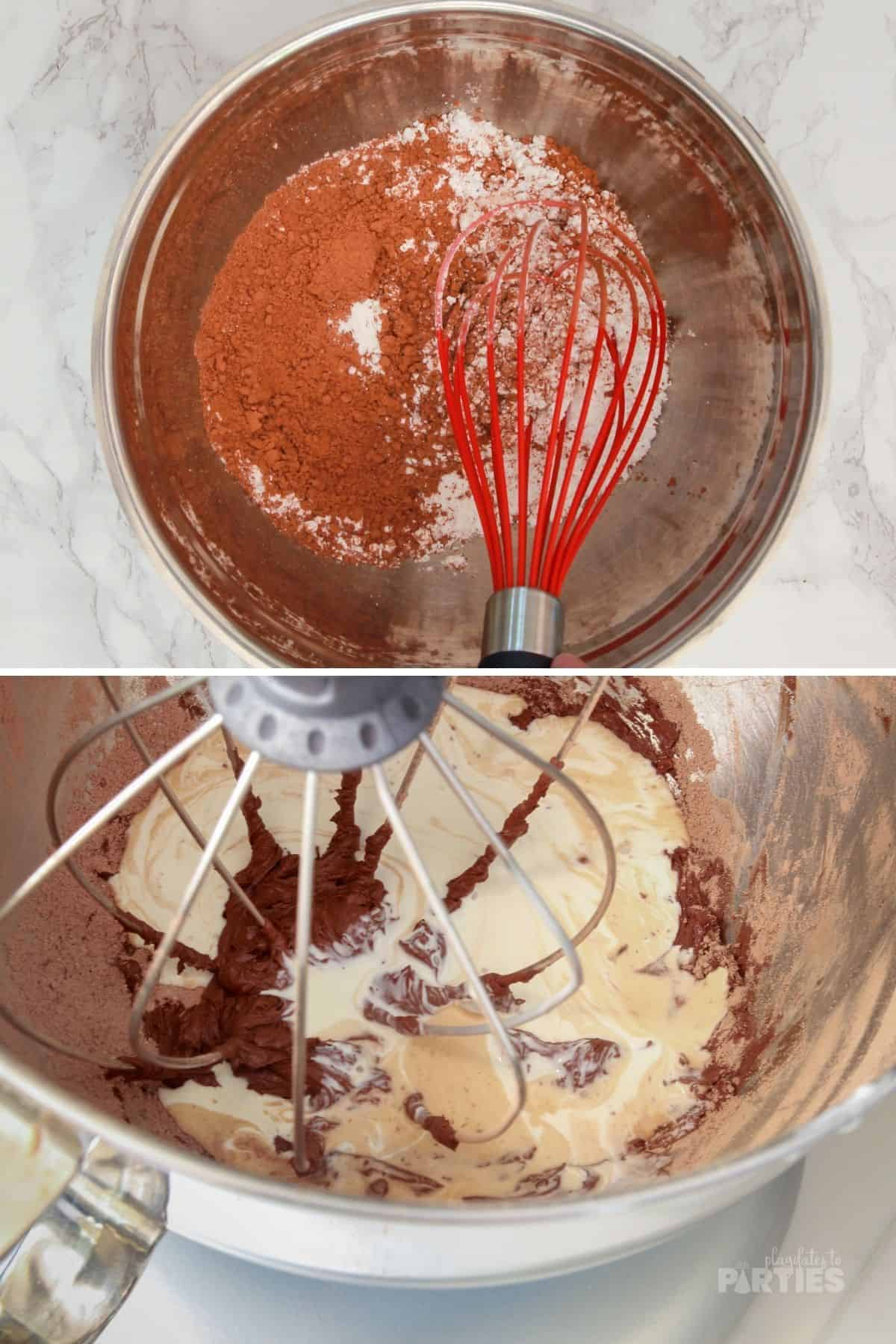 Mixing cocoa powder, powdered sugar, and heavy cream