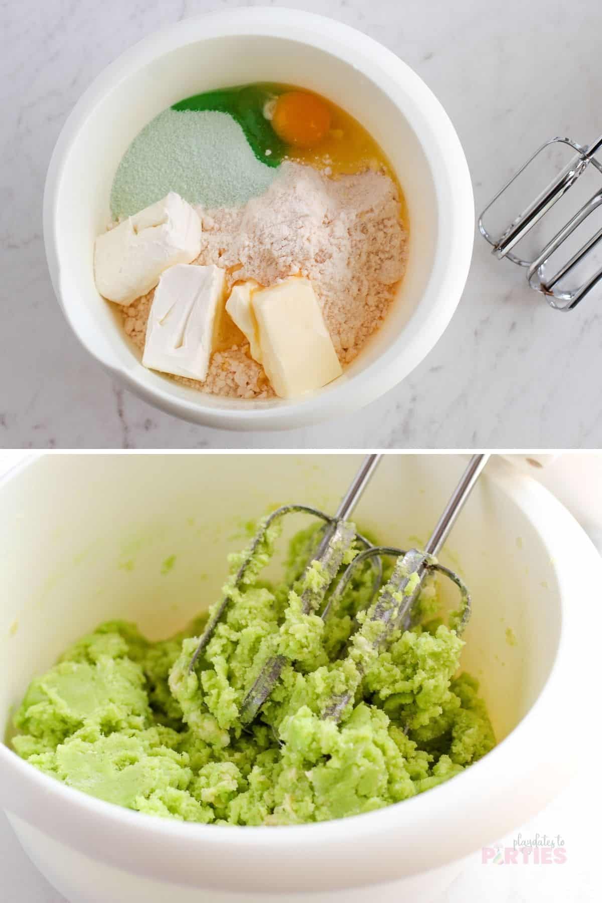 Mixing together green cookie dough.