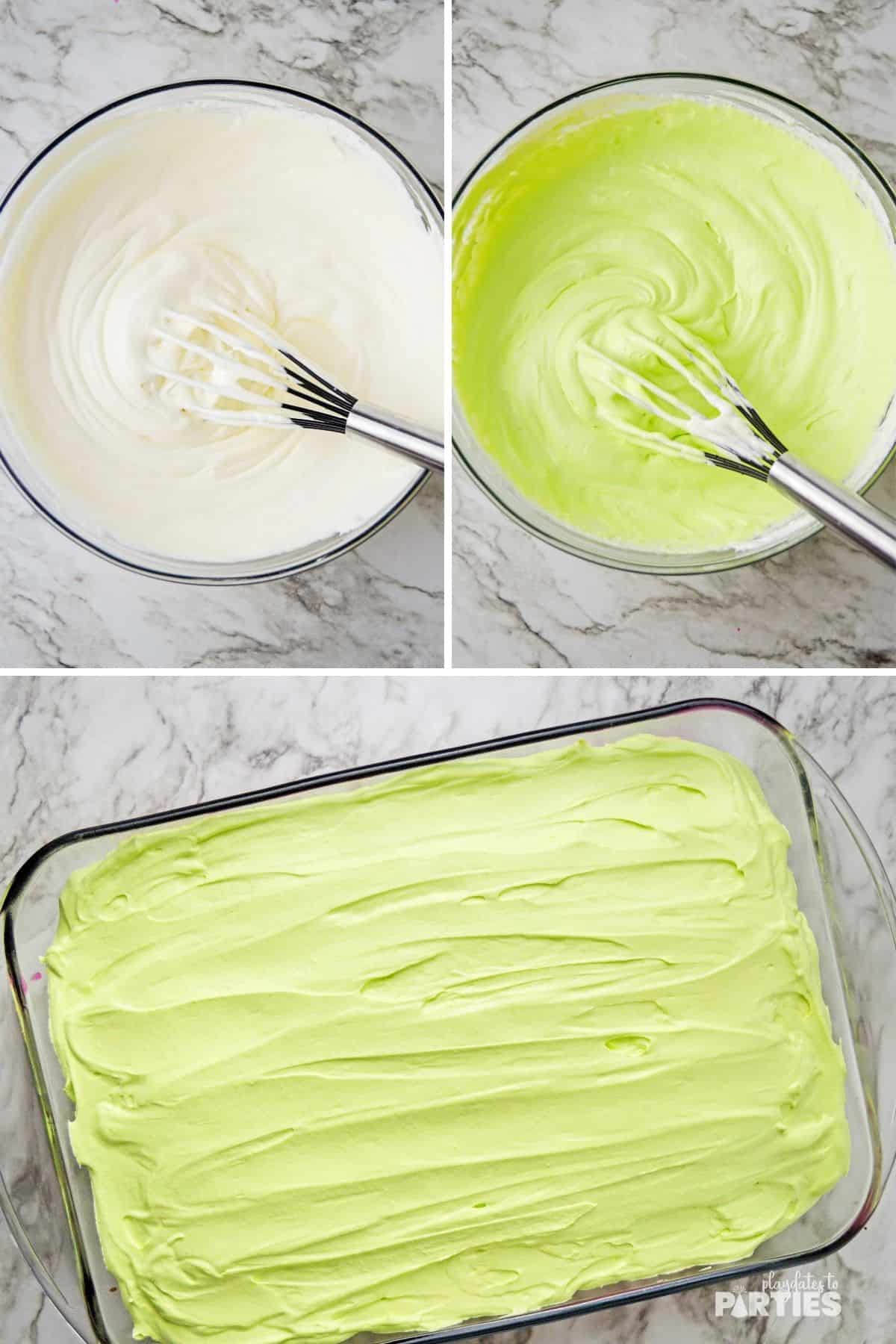 Preparing green frosting with pudding mix.