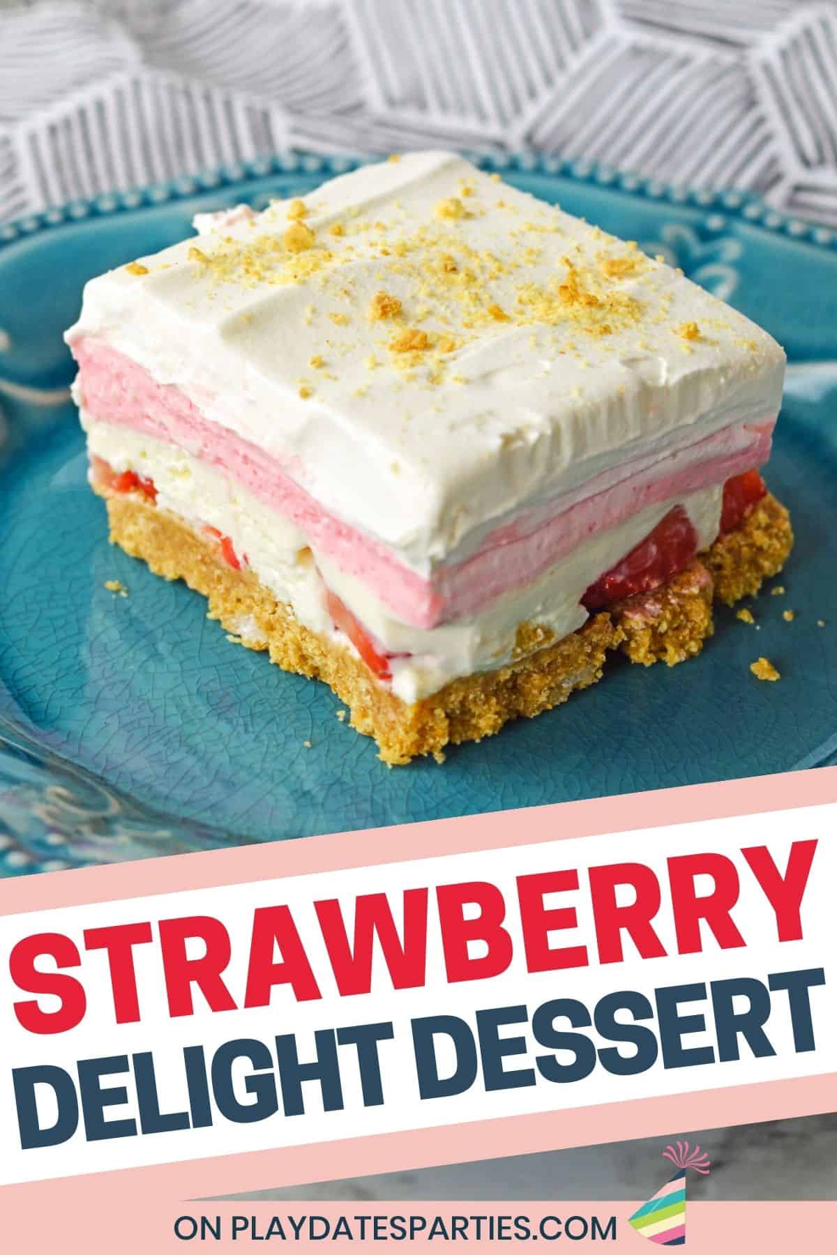 A slice of layered strawberry dessert with a graham cracker crust, fresh strawberries, and no bake cheesecake filling.