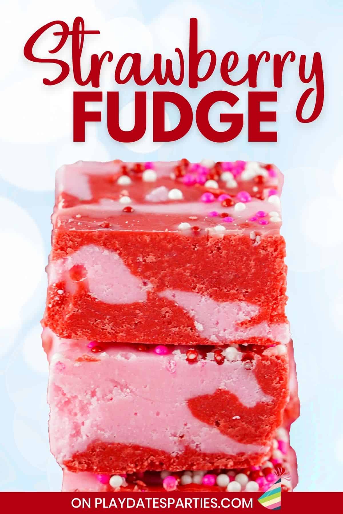 Close up image of cut pieces of red and pink fudge with Valentine's Day sprinkles.