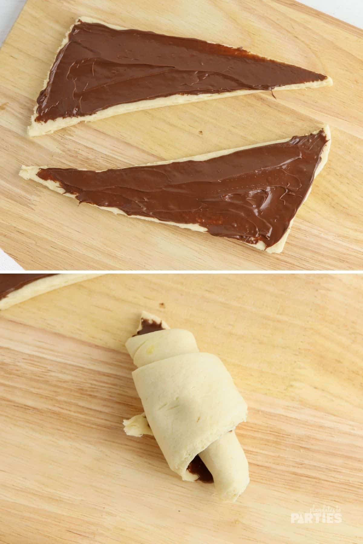 Spreading Nutella and rolling up the dough.