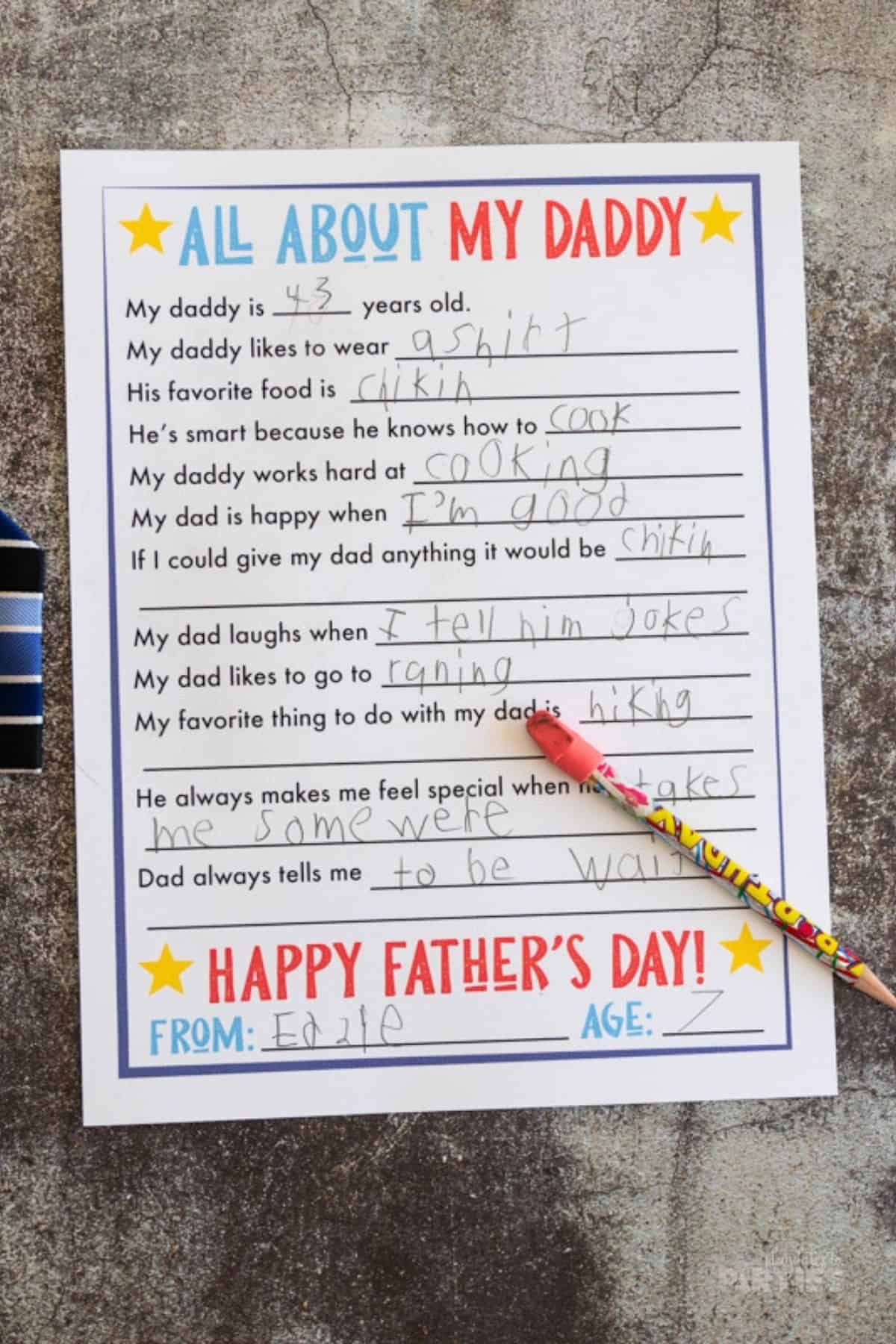 All about dad printable interview on a concrete surface.