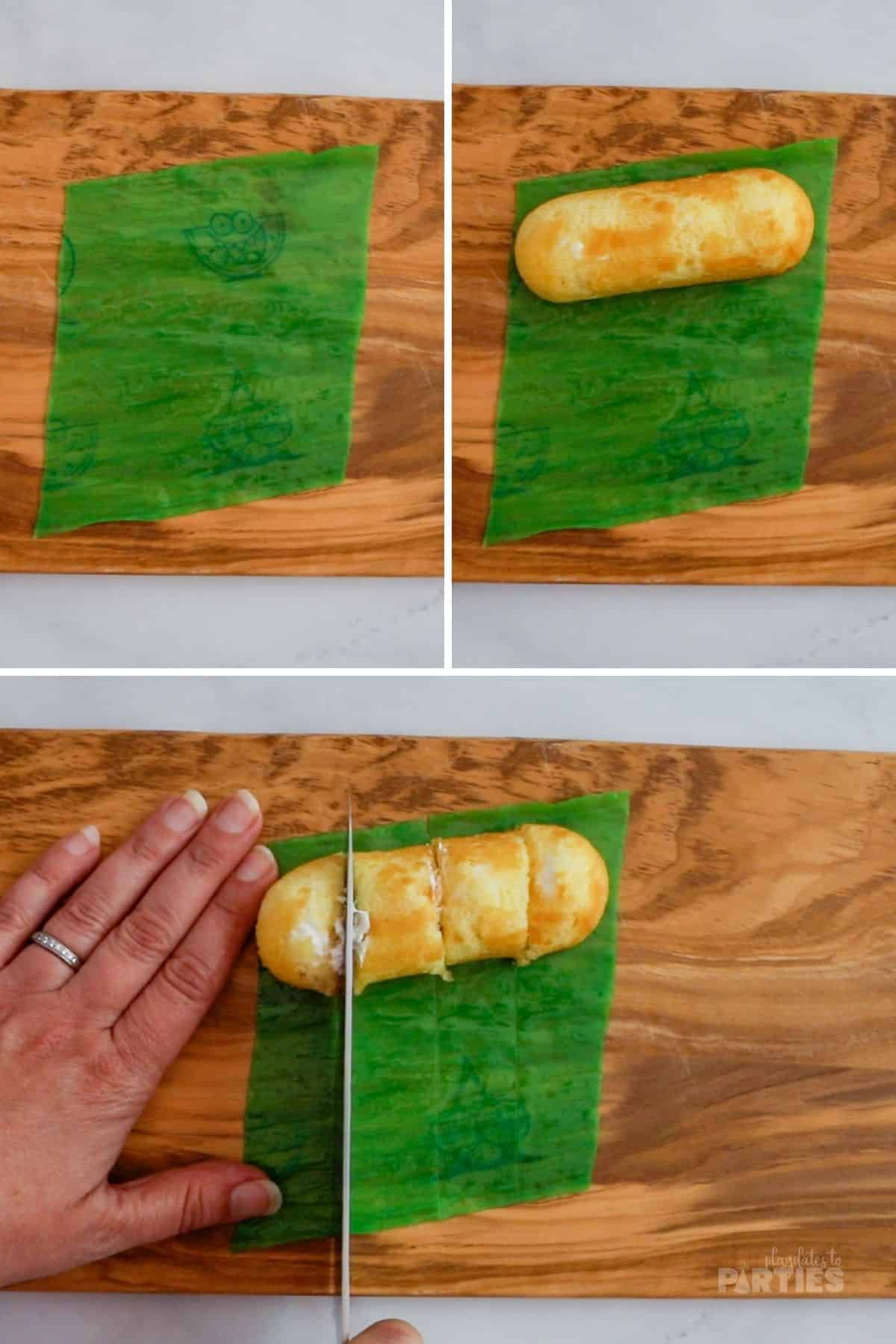 How to cut the fruit roll up and Twinkies evenly.