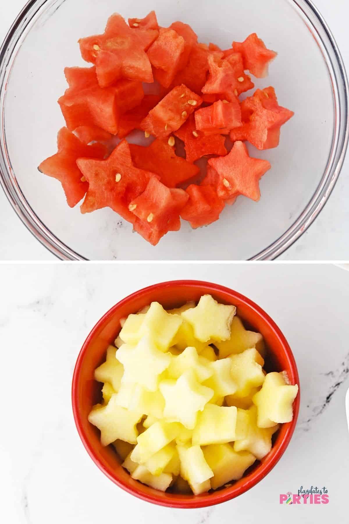 Medium sized watermelon stars and small apple stars in separate bowls.