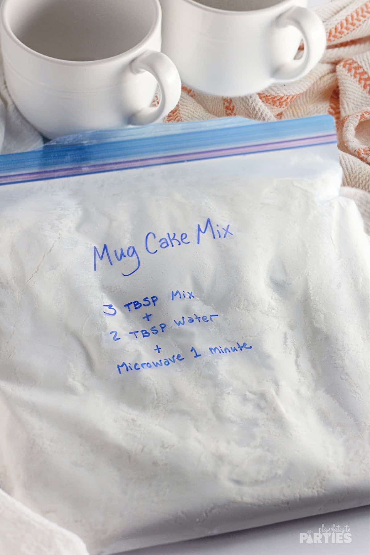 A ziplock bag with mug cake mix and the recipe for a single serving.