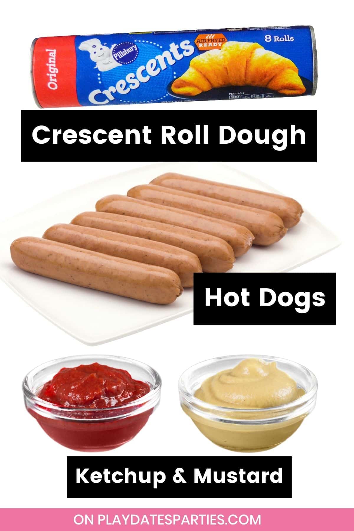 Ingredients for Mummy Dogs include crescent roll dough, hot dogs, and ketchup or mustard.