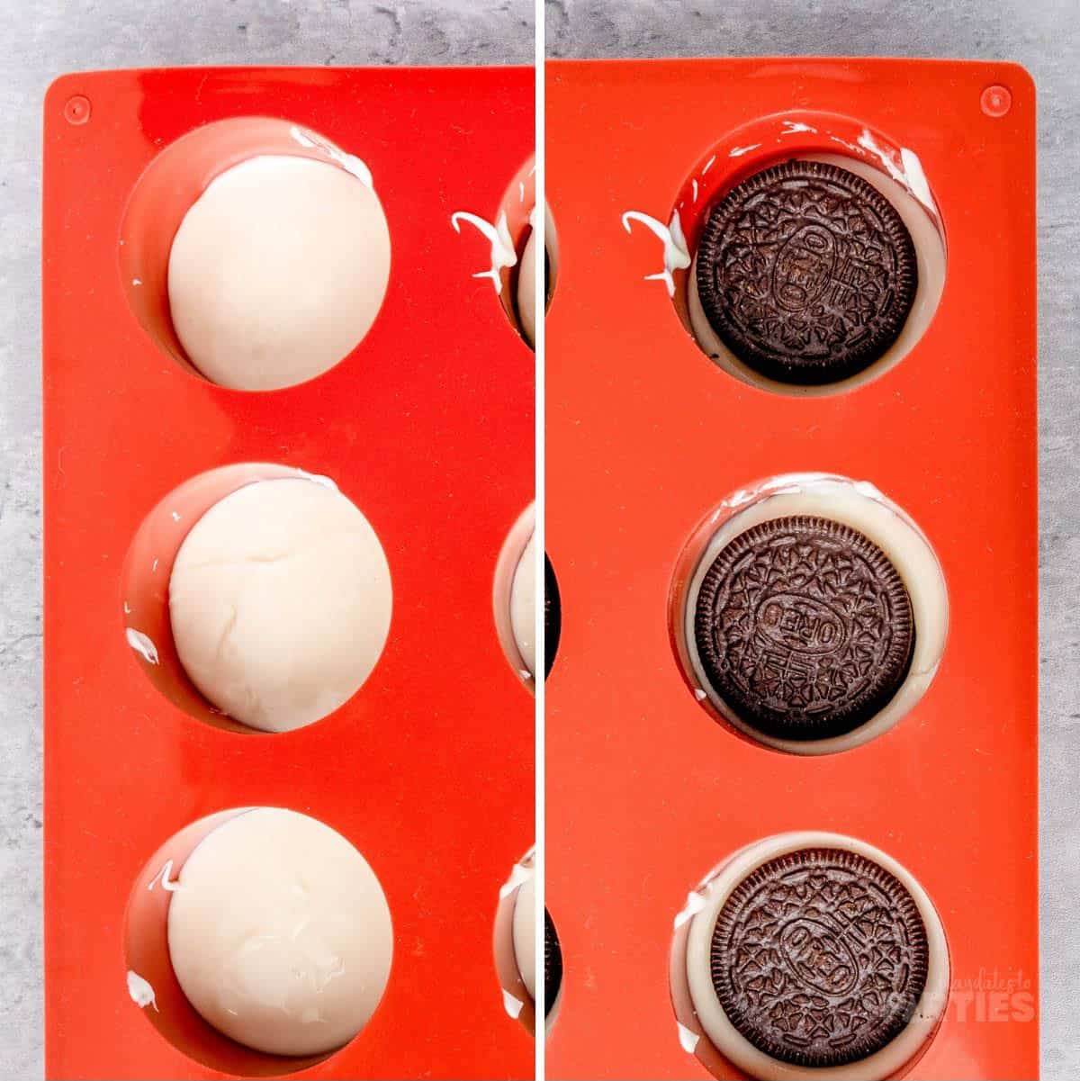 A silicone mold with white chocolate and Oreos.