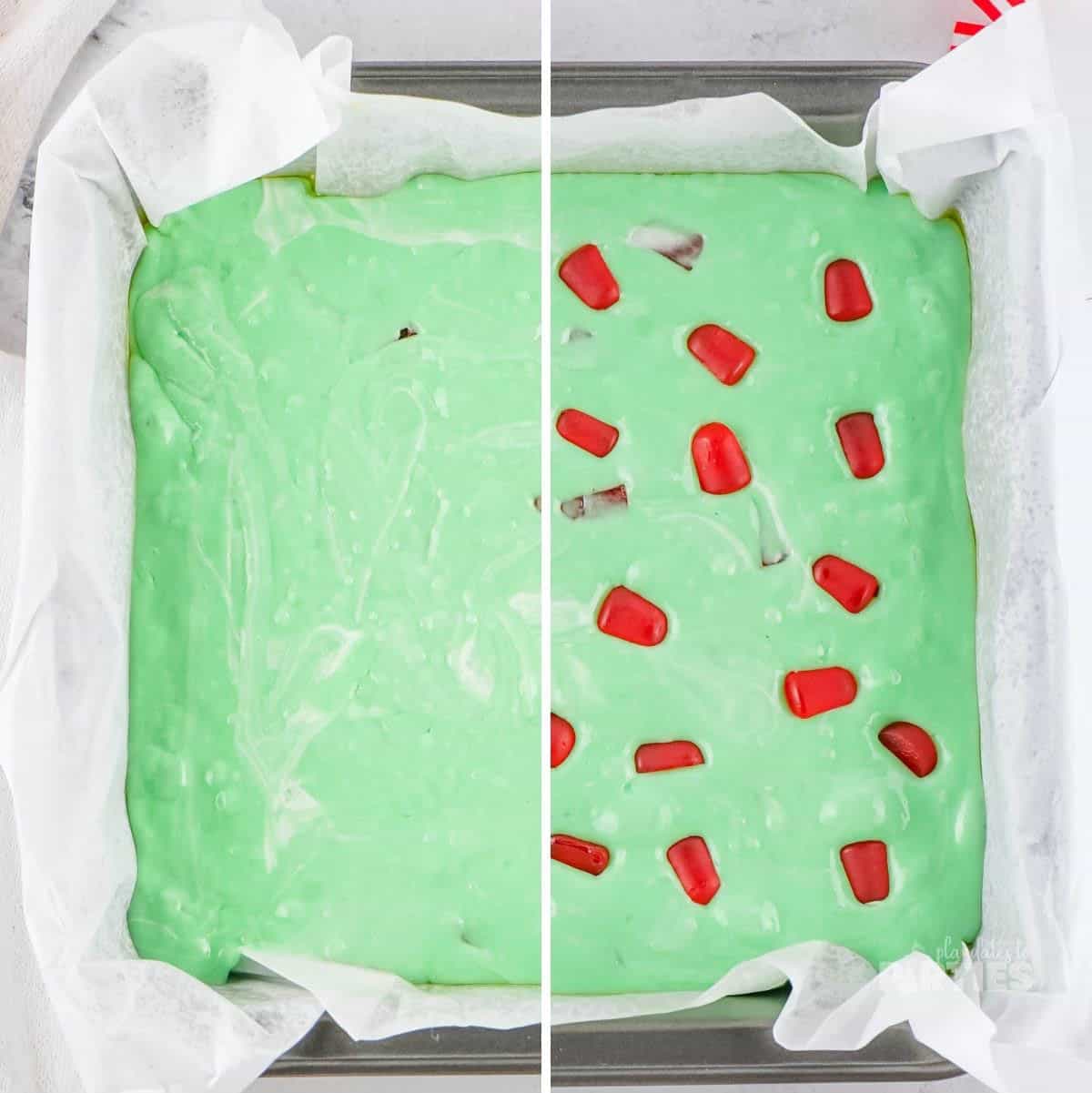 Green nougat batter in a prepared pan before and after topping with red gumdrops.