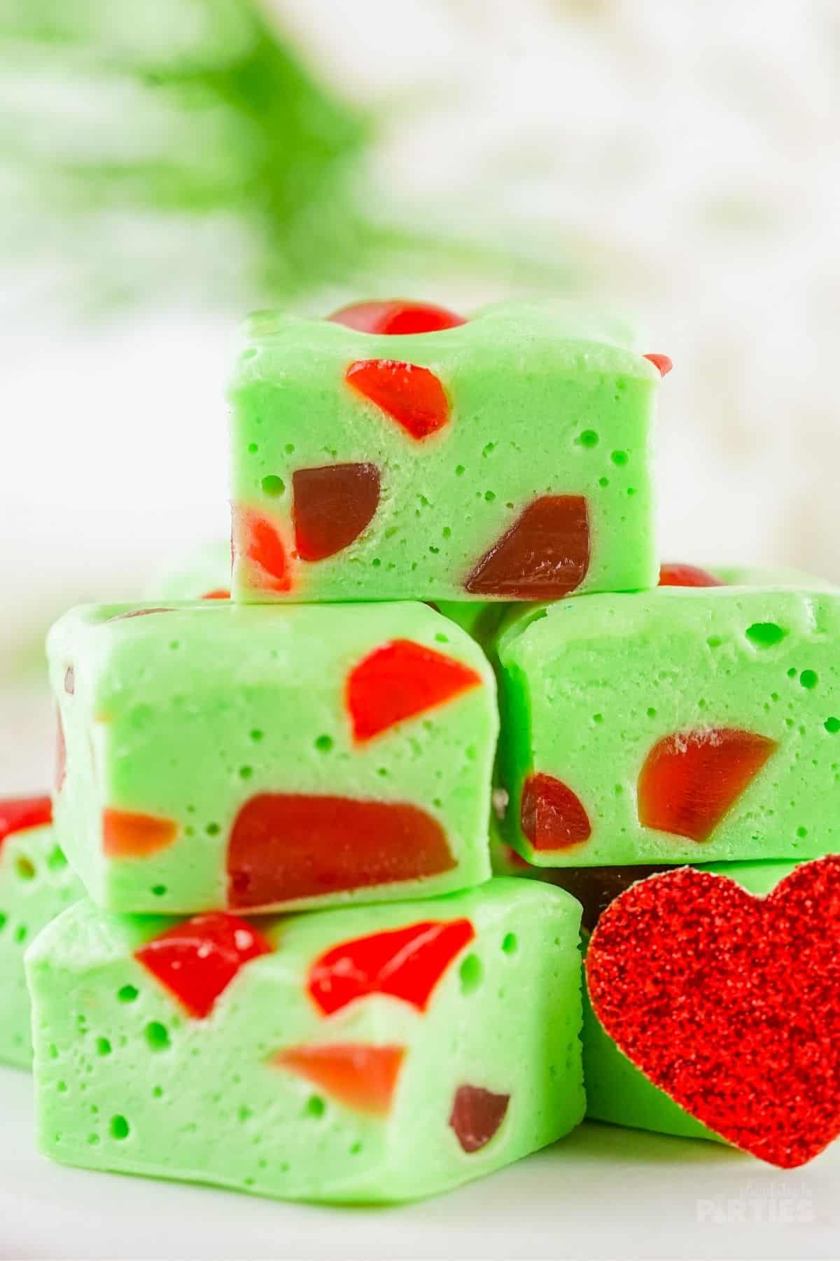 Upon closer inspection, you can see the airy pockets in the green nougat with gumdrops.