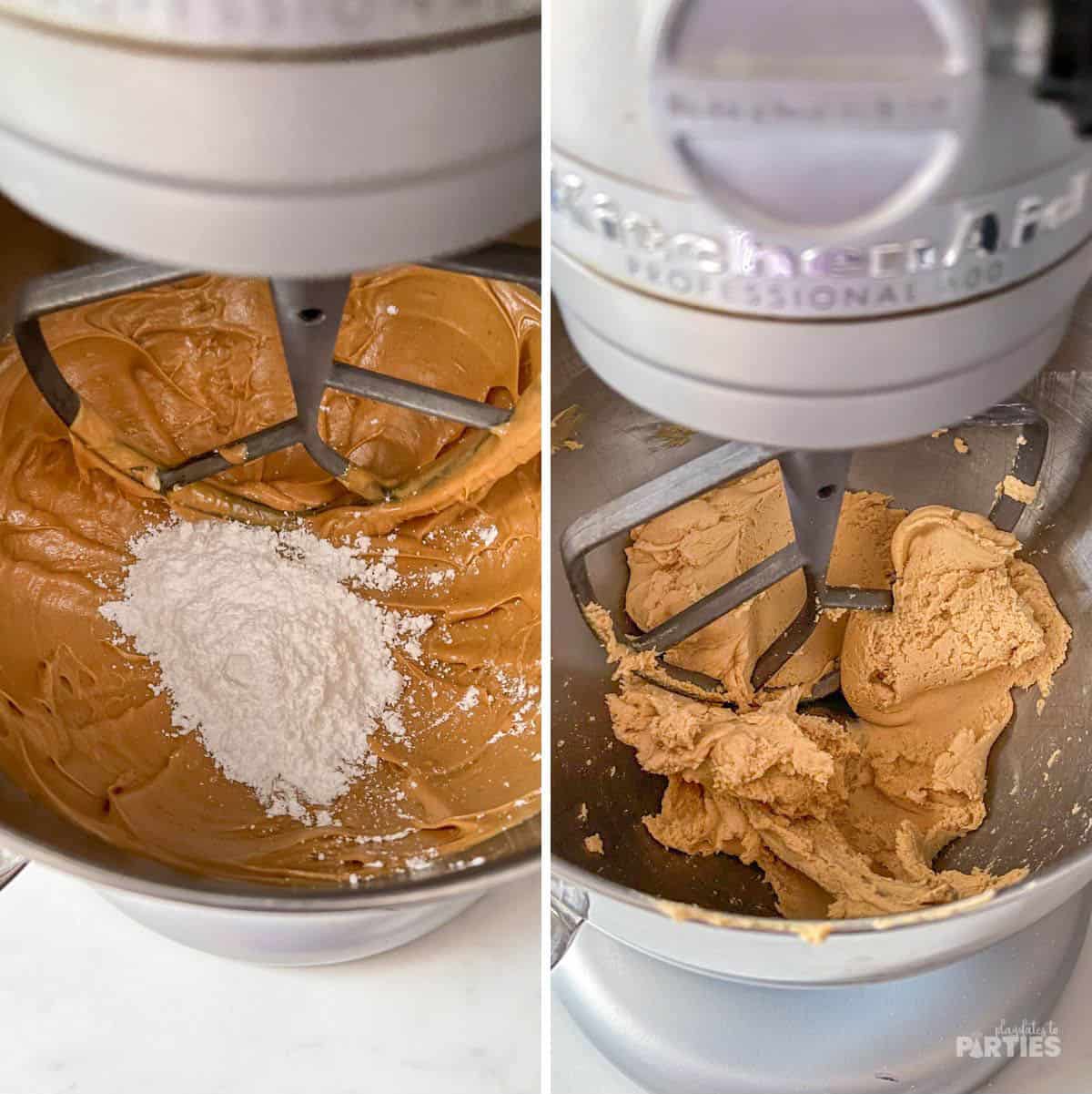 Mixing peanut butter and powdered sugar