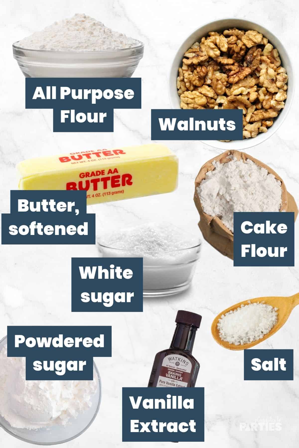 Ingredients include flour, walnuts, butter, sugar, extract, and salt.