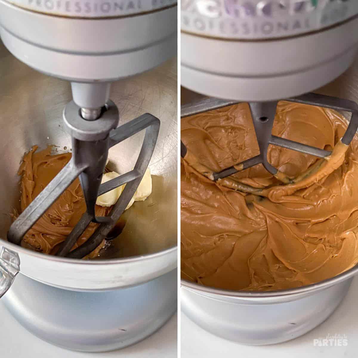 Mixing Peanut Butter, butter, and vanilla extract.