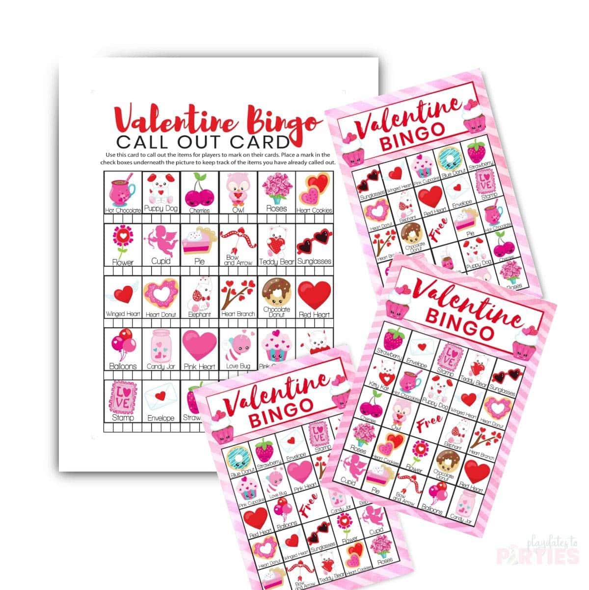 Mockup of Valentine Bingo cards and call out page.
