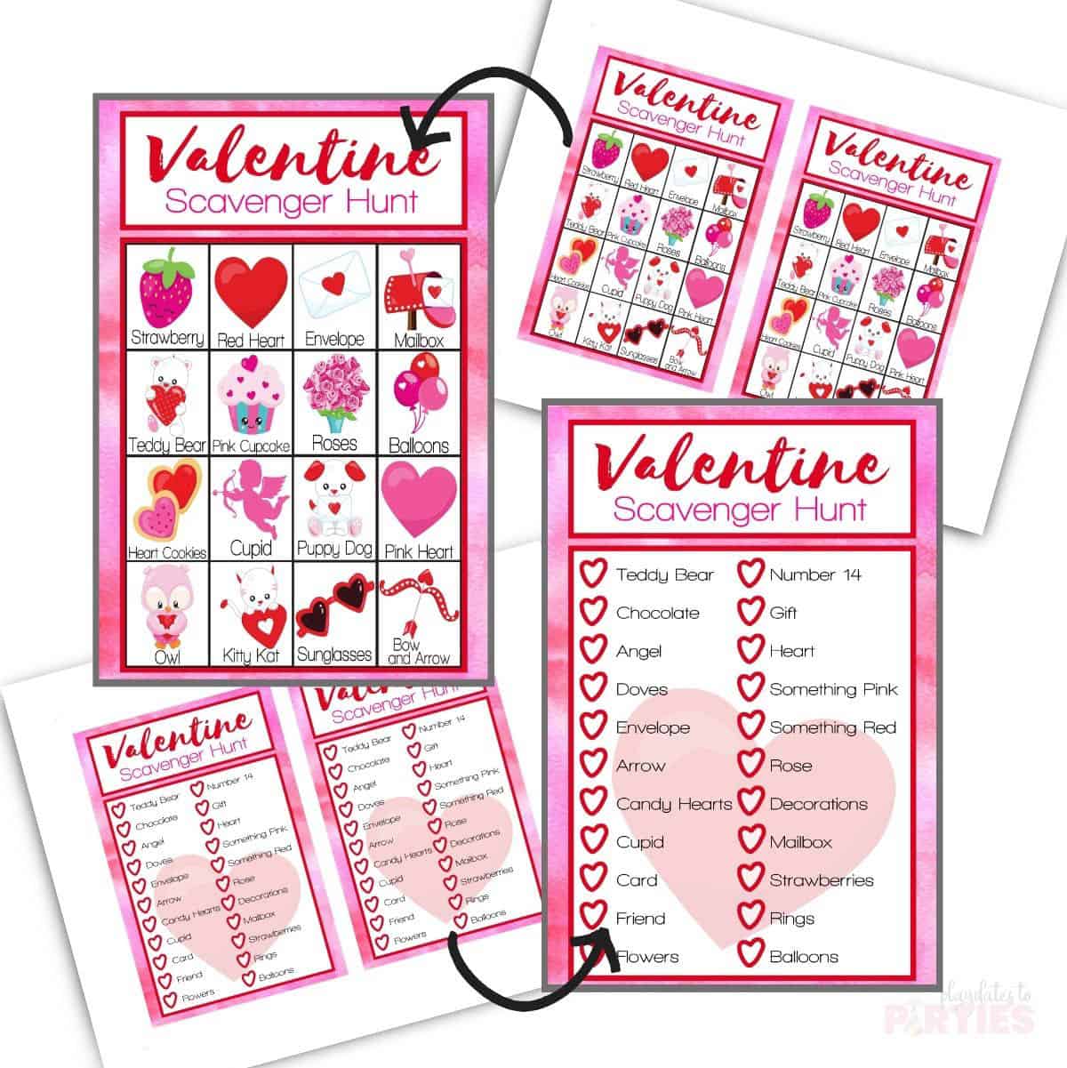 Valentine Scavenger Hunt pages with close ups of the individual cards.