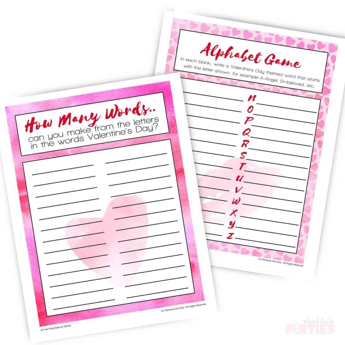 Valentine Word Games pages.
