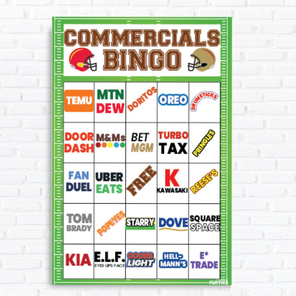 Football commercials bingo card with advertiser names.