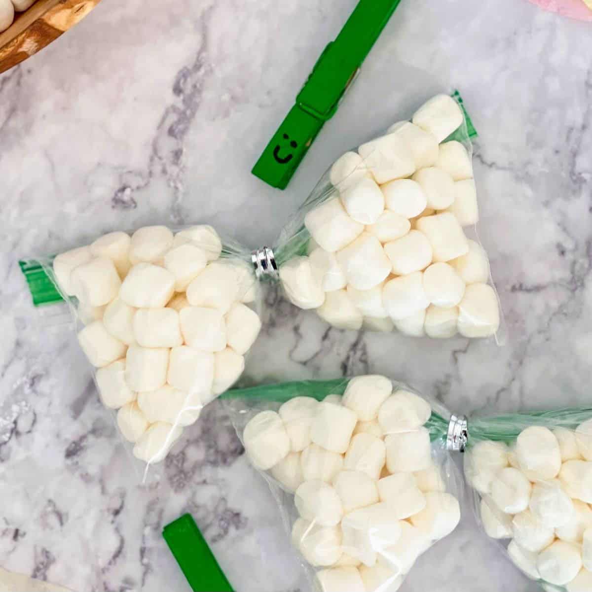 Snack bags with marshmallows are cinched in half using twist ties.