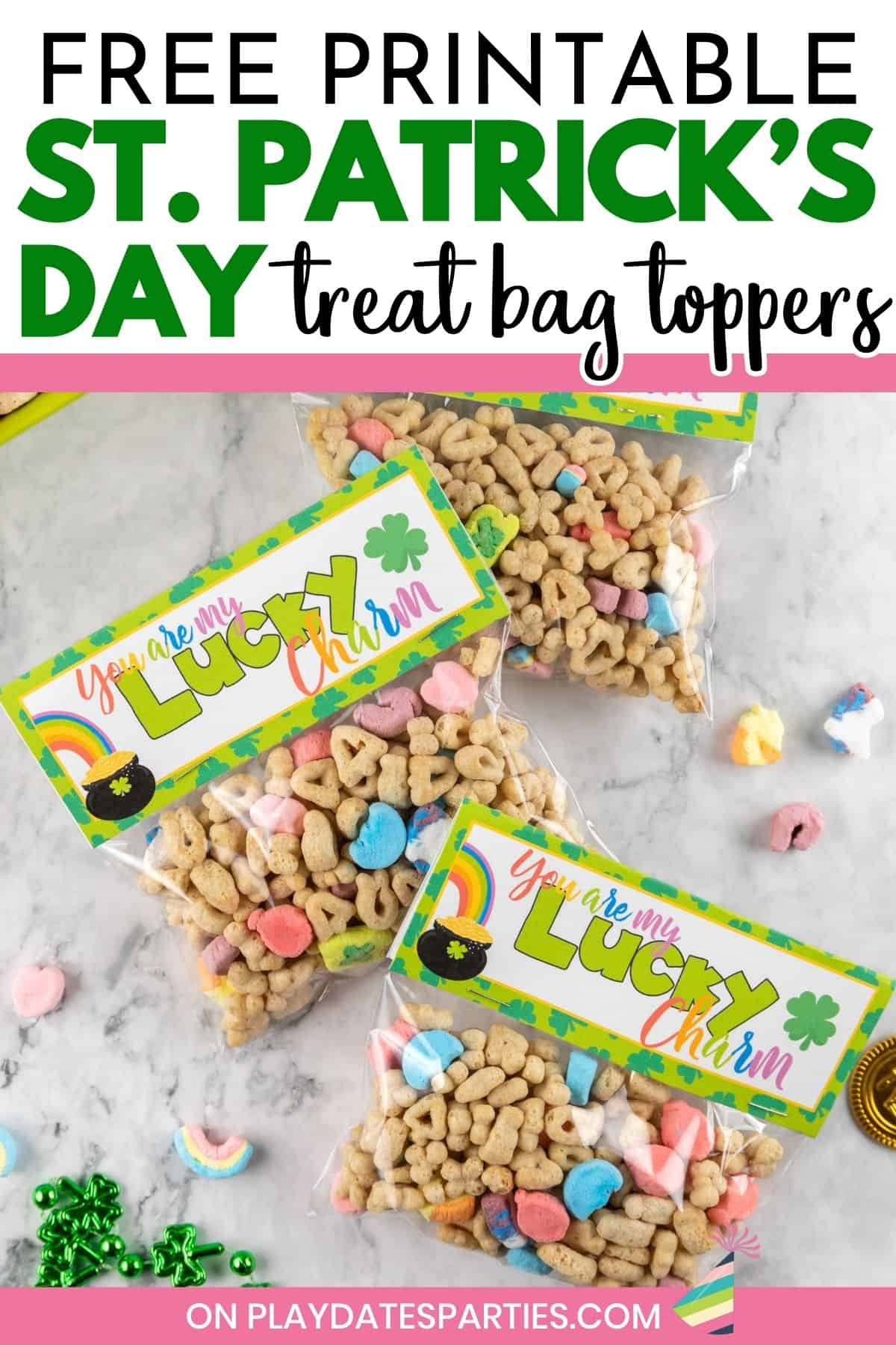 Free printable St Patricks Day treat bag toppers Pin Image.