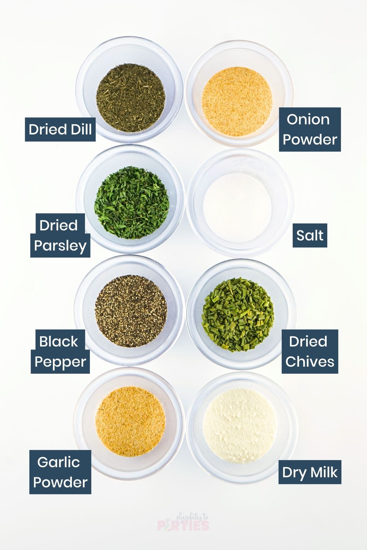 Ingredients for Homemade Ranch seasoning mix.
