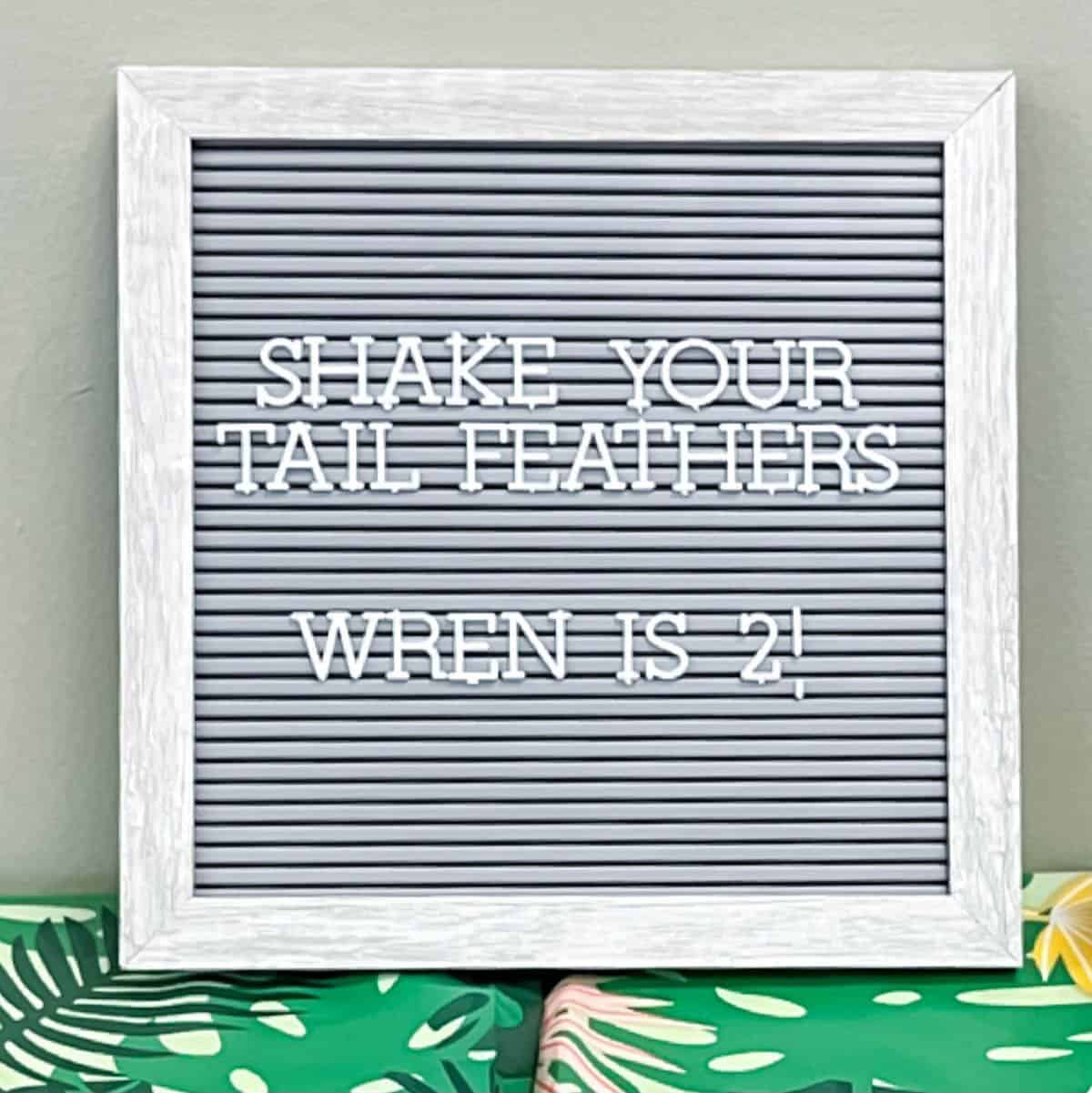 A letter board that says Shake Your Tail feathers for a birthday party