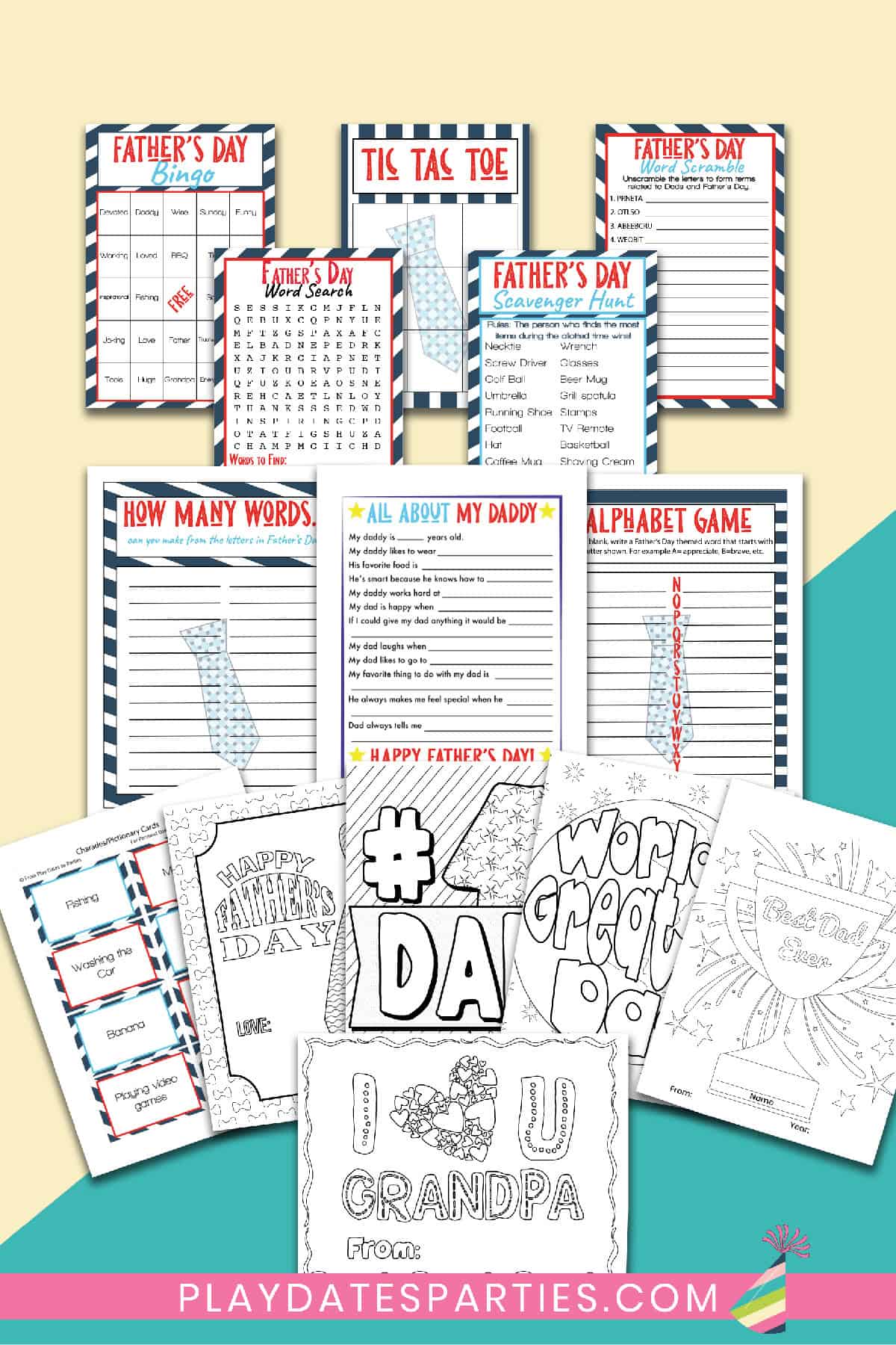 Fathers Day Activity Pack with 9 games and 5 coloring pages.