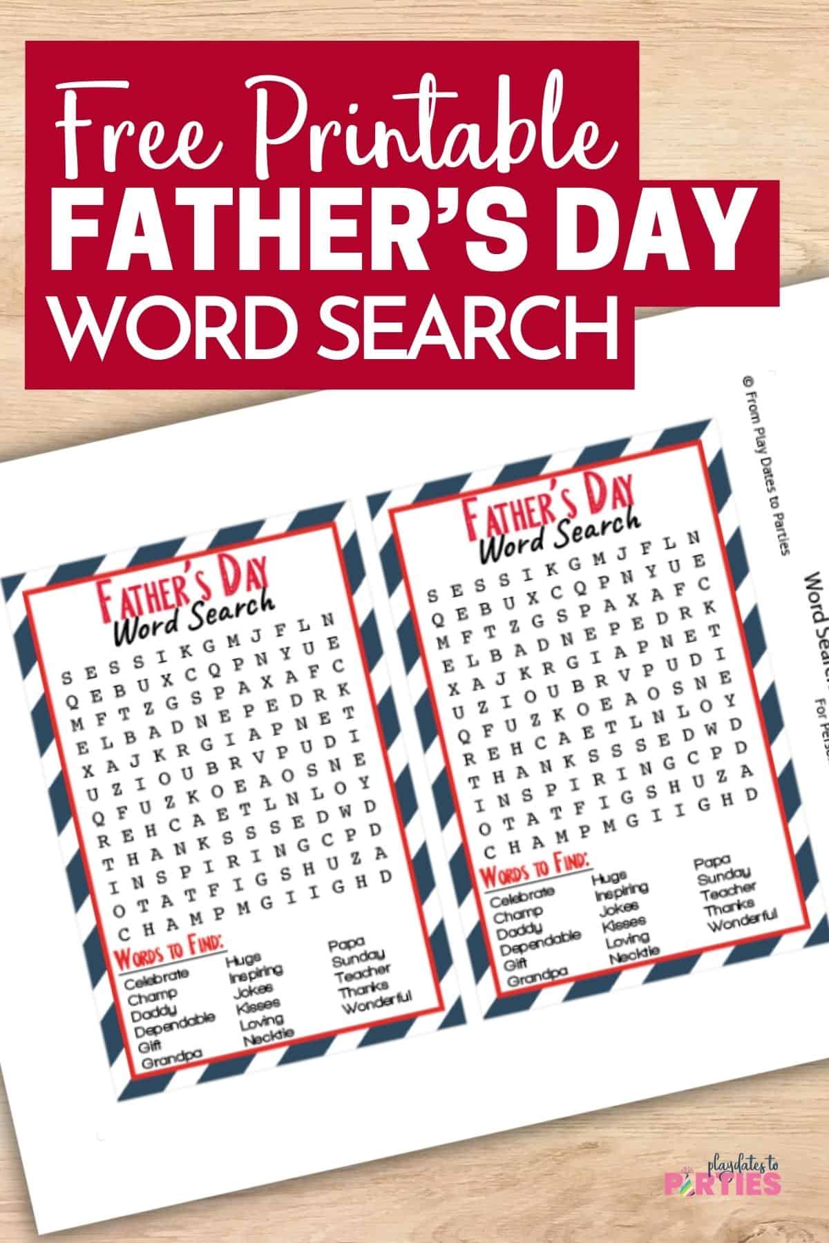 Free Printable Father's Day word search pin image.