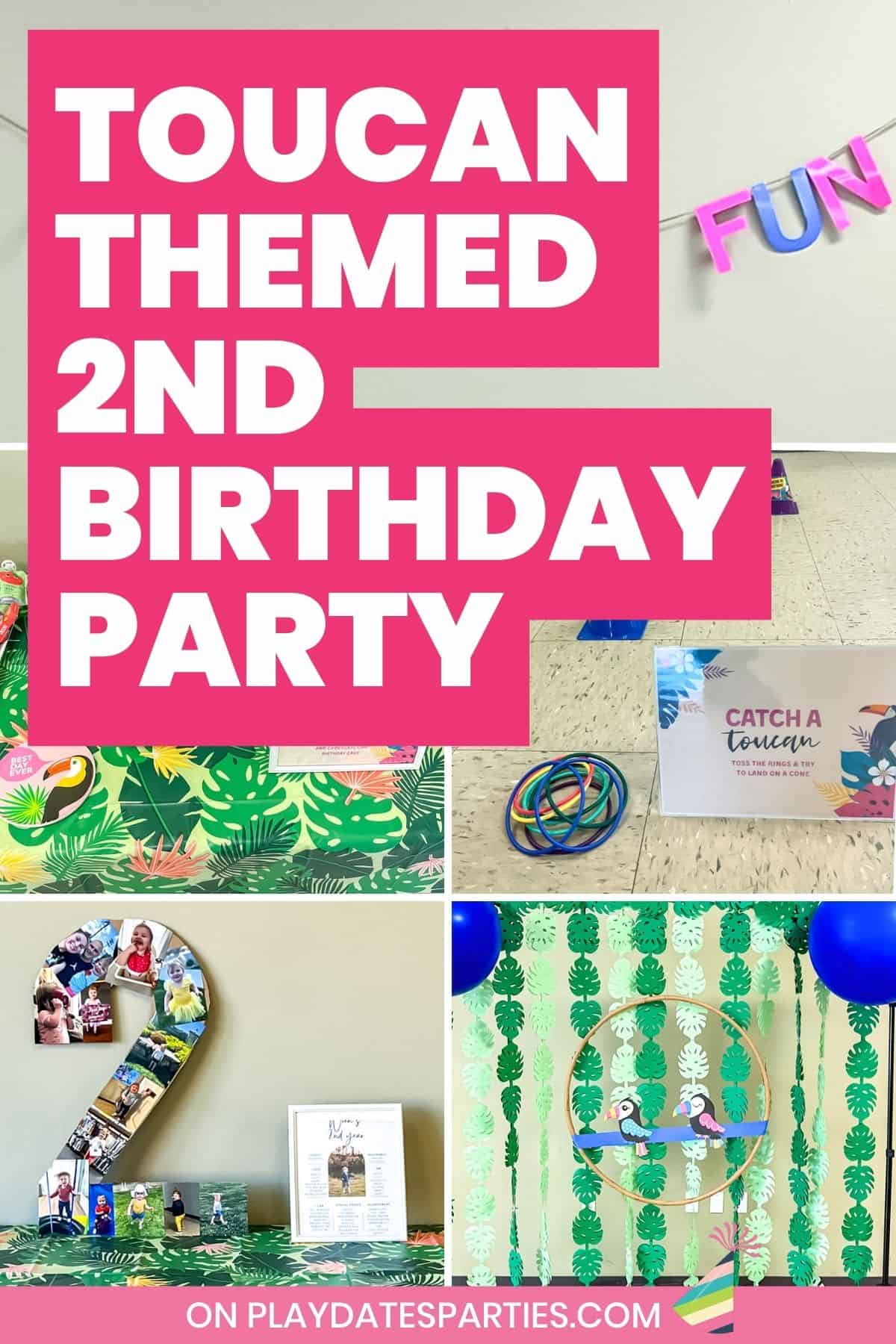 Toucan themed birthday party pin image.