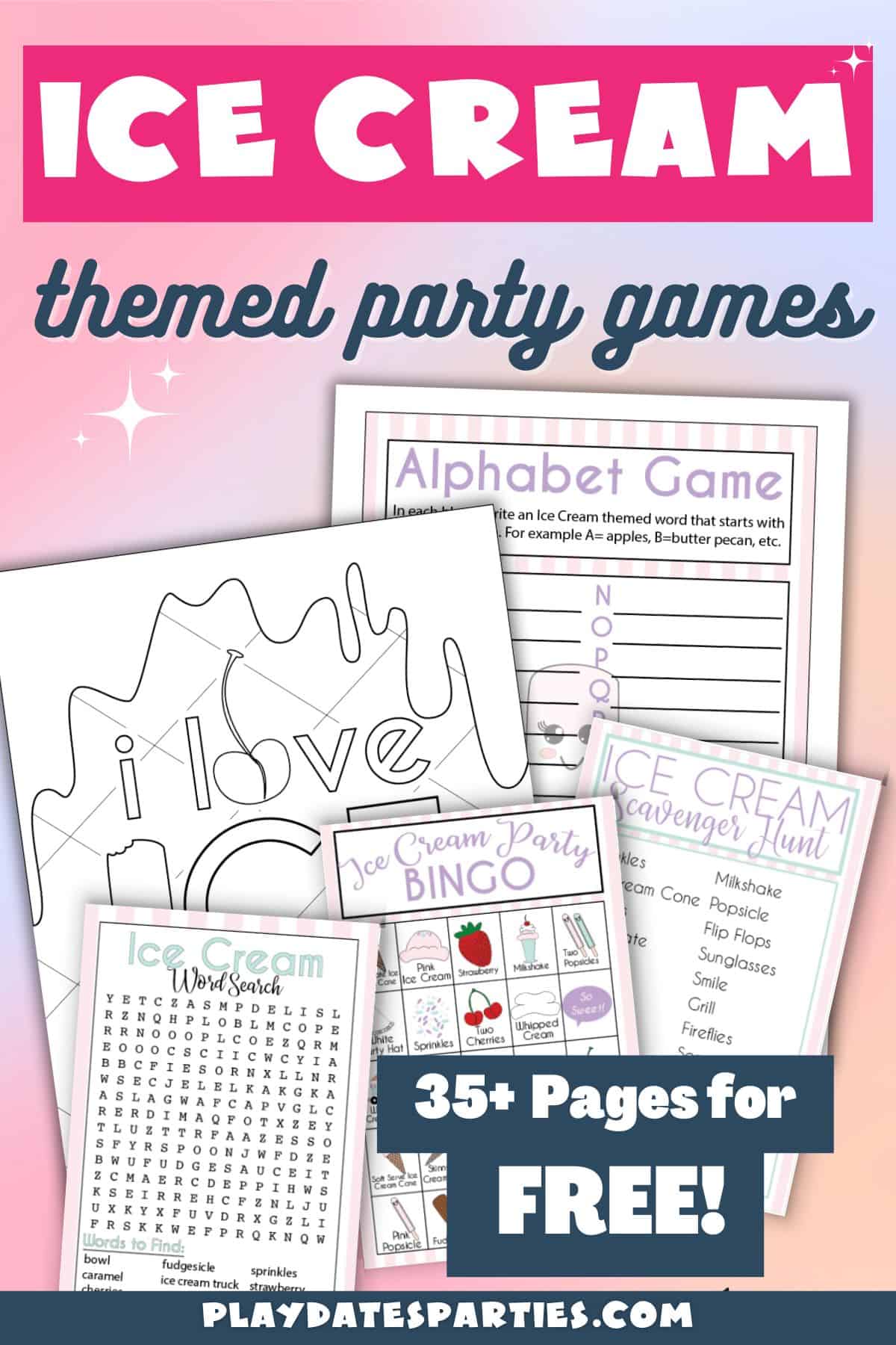 Free Printable Ice Cream Party Games Pin Image.