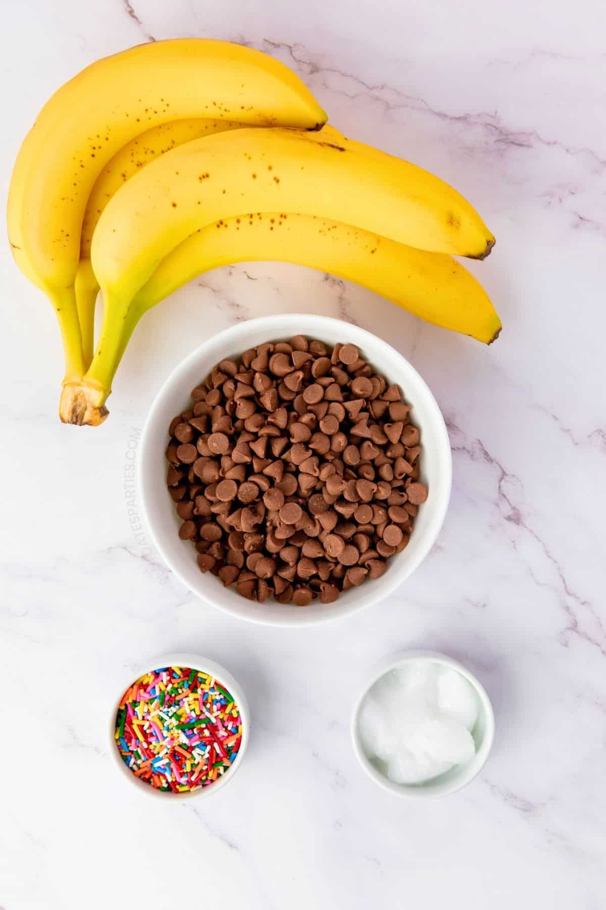 Ingredients include bananas, chocolate, coconut oil, and sprinkles.