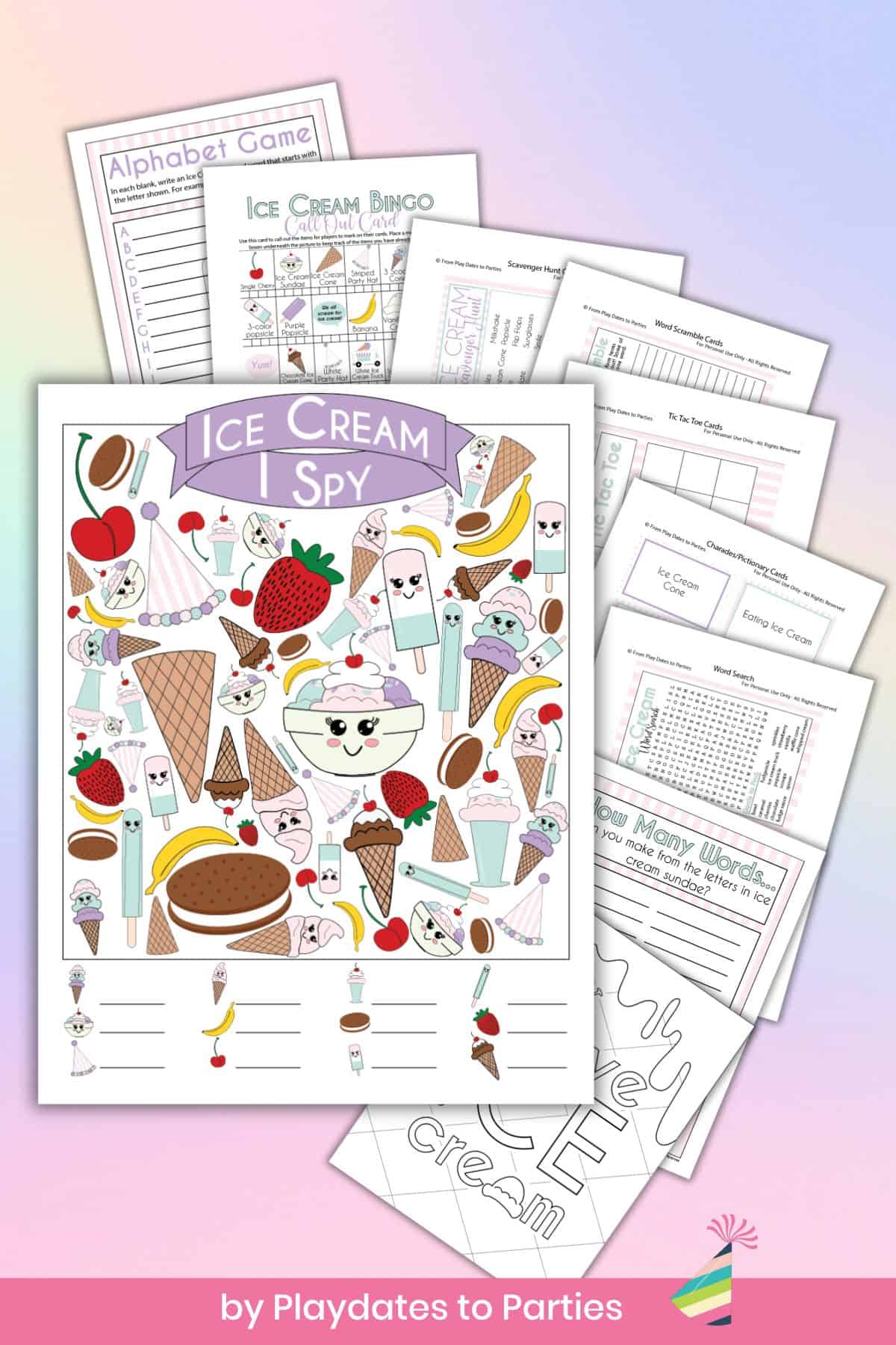 Printable Ice Cream Party Games including I Spy, Bingo, and Coloring Pages.