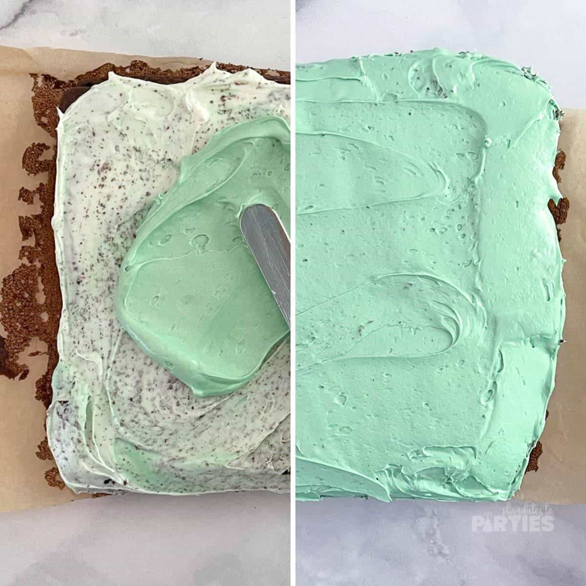 Frosting a 2 layer square cake.